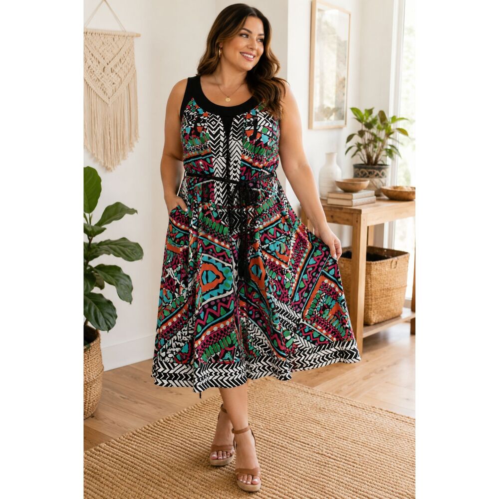 NWT Plus Size 18W Colorful Boho Sleeveless Midi Dress Braided Belt Pockets